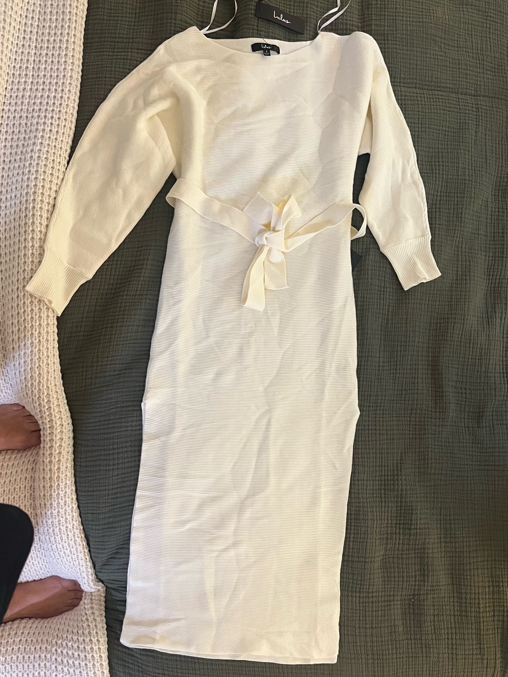 Lulu's Ivory Ribbed Sweater Crewneck Dress